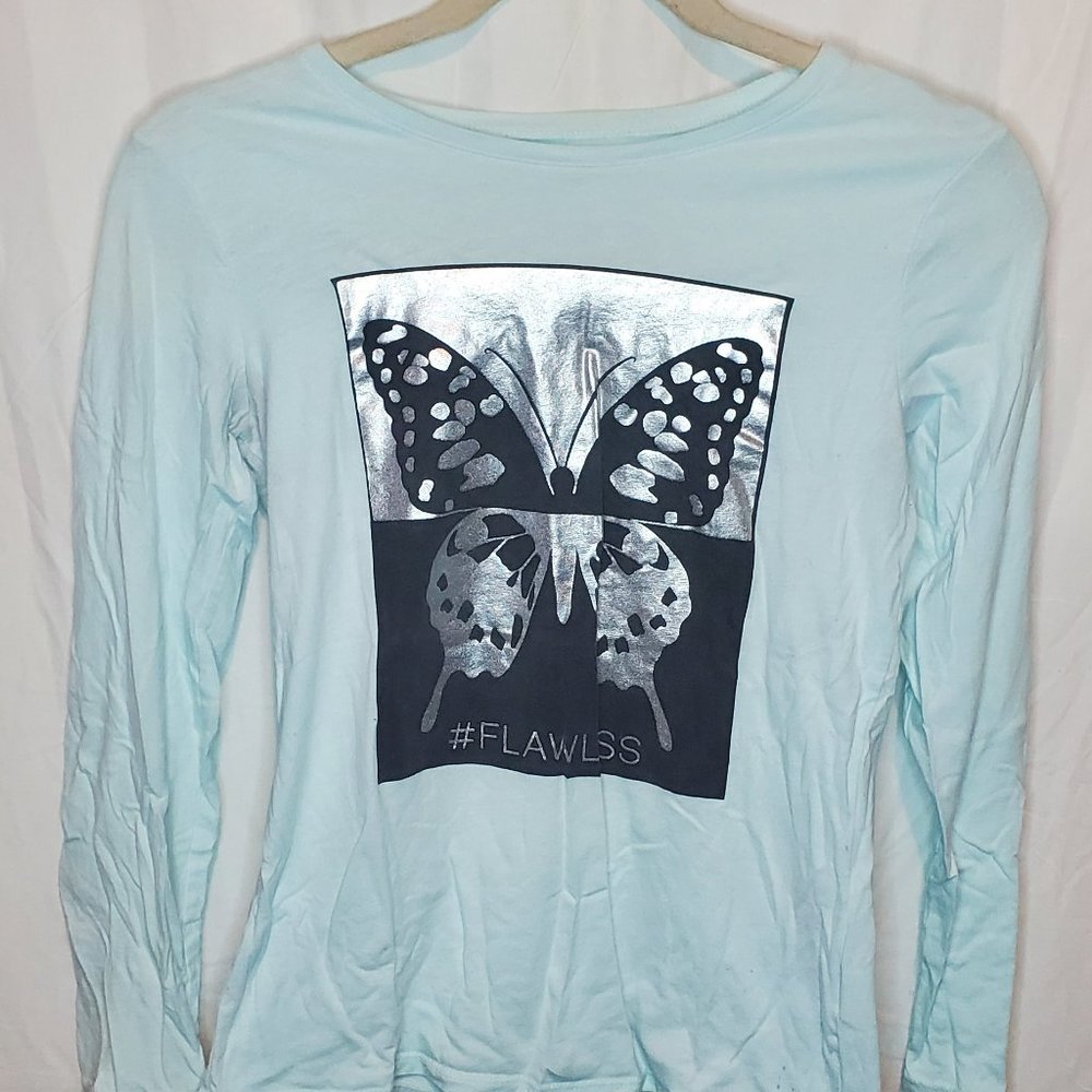 Girls Blue Butterfly #FLAWLESS Long Sleeve Shirt Top Size XL 14
